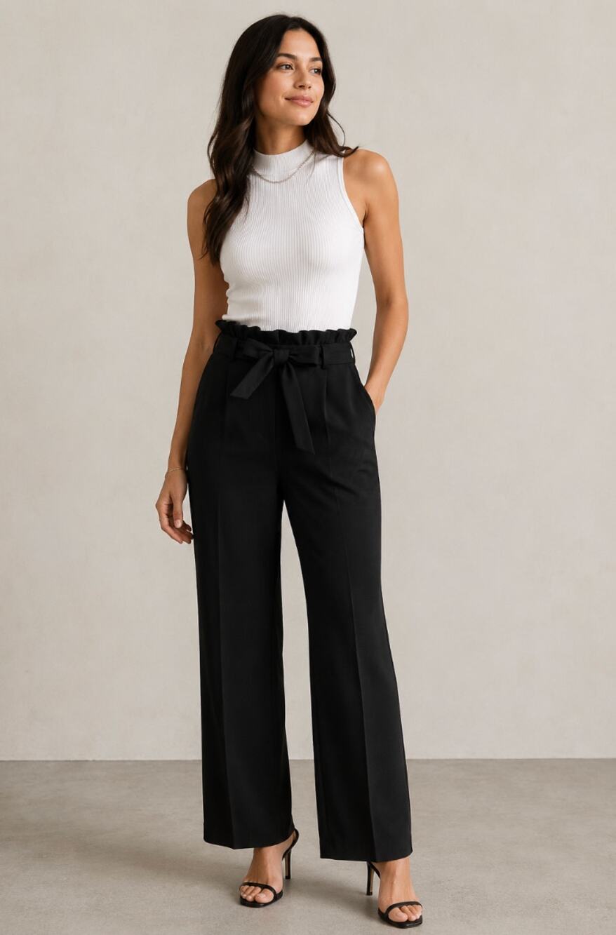NWT High Rise Large Black Front Tie Ruffle Knox Rose Modern Dress Slacks